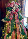 The Denise Red Green & White Christmas Tree Topper Bow, cottage bow, modern farmhouse, long streamer, Xmas tree bow, tree trimming bow