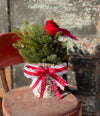 The Megan Rustic Farmhouse Christmas Pine Centerpiece For Table, Pine greenery in bucket, Natural greenery arrangement with red cardinal