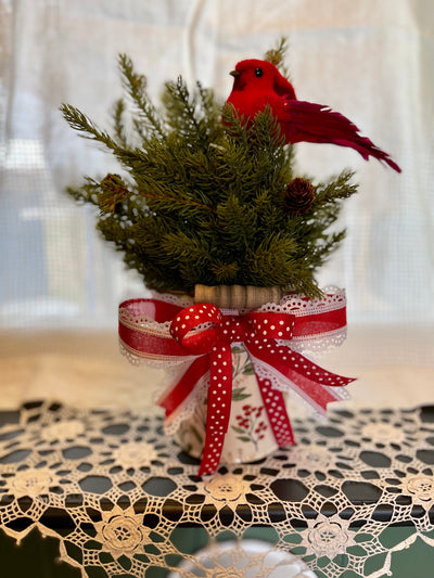The Megan Rustic Farmhouse Christmas Pine Centerpiece For Table, Pine greenery in bucket, Natural greenery arrangement with red cardinal
