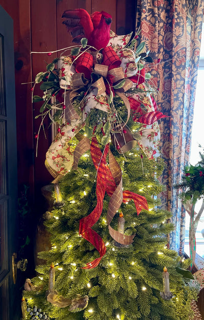The Meg Red & Gold Christmas Tree Topper, floral tree topper, Mistletoe and bell topper for christmas tree, cardinal tree topper