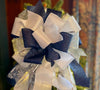 The Melanie Silver White & Navy Christmas Tree Topper Bow, Outdoor Christmas bow, weatherproof Bow, blue ribbon topper, tree trimming bow