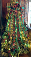 The Tia Red Green & Gold Poinsettia XXL Christmas Tree Topper Bow, Christmas tree trimming bow, XL long streamer bow, christmas decor