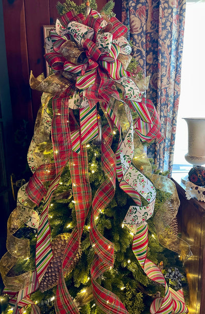 The Gillian XL Red Green & Gold Plaid Christmas Tree Topper Bow, Extra long Bow, Xmas plaid, Farmhouse Cottage Bow, ribbon topper
