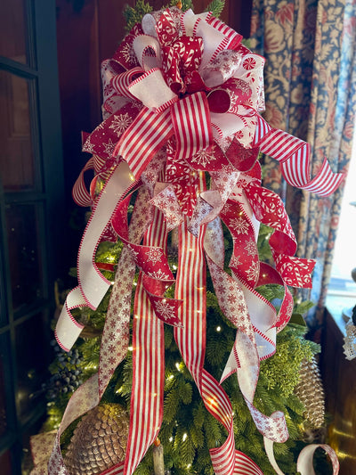The Tina Red & White Peppermint Christmas Tree Topper Bow, Tree trimming bow, long streamer bow, XL bow, Candy cane bow, snowflake bow