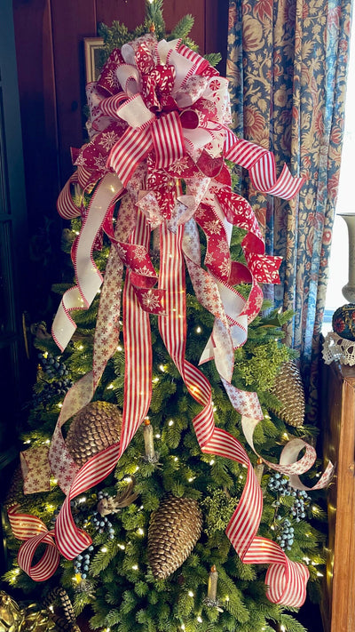 The Tina Red & White Peppermint Christmas Tree Topper Bow, Tree trimming bow, long streamer bow, XL bow, Candy cane bow, snowflake bow