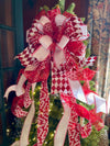 The Kimberly Red & White Peppermint Christmas Tree Topper Bow, Tree trimming bow, long streamer bow, XL bow, Candy cane bow, snowflake bow
