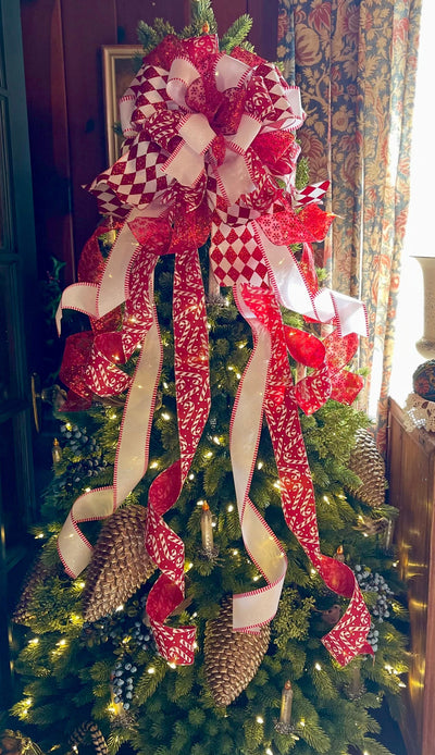 The Kimberly Red & White Peppermint Christmas Tree Topper Bow, Tree trimming bow, long streamer bow, XL bow, Candy cane bow, snowflake bow