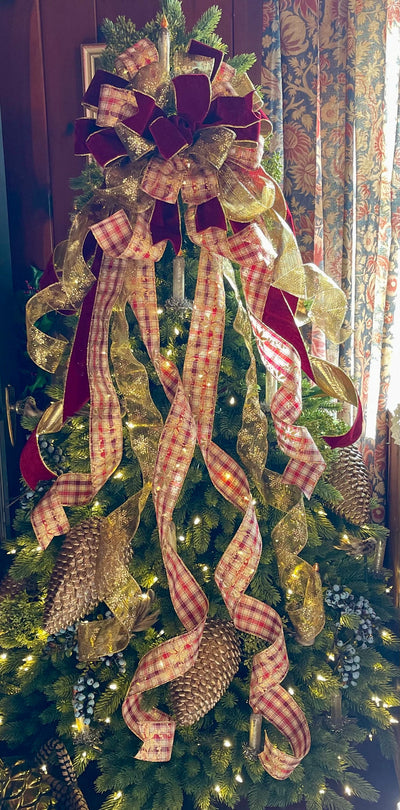 The Cheryl burgundy & gold poinsettia Christmas Tree Topper Bow, Xmas plaid, English Cottage Bow, tree trimming bow, modern farmhouse bow