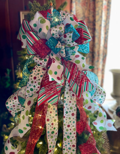 The Poppy Red White & Blue Christmas Tree Topper Bow, polka dot Bow, Xmas bow, rainbow bow, ribbon topper, tree trimming bow