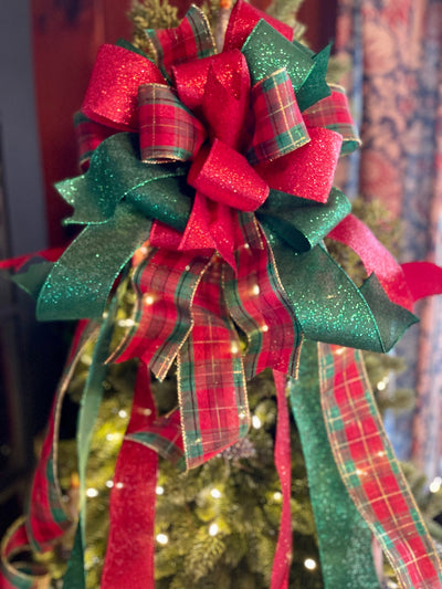 The Elaine Red Green & Gold Christmas Tree Topper Bow, Bow topper for christmas tree, Xmas bow, ribbon tree topper, tree trimming bow