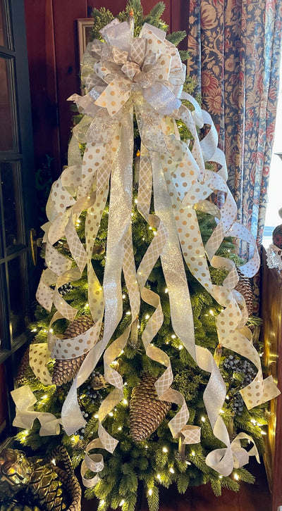 The Jude White Gold & Silver Christmas Tree Topper bow, XXL Christmas bow, tree trimming bow, ribbon topper, tree trimming, Oversized bow