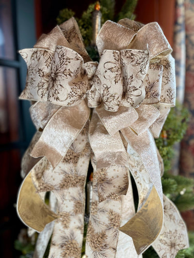 The Presley Cream & Gold Poinsettia Christmas Tree Topper Bow, luxury ribbon topper, XL bow topper for christmas tree