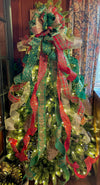 The Janine XL Red Green & Gold Plaid Christmas Tree Topper Bow, Extra long Bow, Xmas plaid, Farmhouse Cottage Bow, ribbon topper