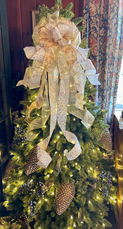 The Champagne Gold & white Christmas Tree Topper Bow, Bow for wreaths, Xmas bow, tree trimming bow, long streamer bow, mailbox decor