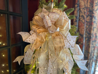 The Champagne Gold & white Christmas Tree Topper Bow, Bow for wreaths, Xmas bow, tree trimming bow, long streamer bow, mailbox decor