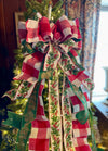 The Maryanne Red Green & White Christmas Tree Topper Bow, Bow for Christmas tree, bow for wreaths, long streamer bow, cottage style bow