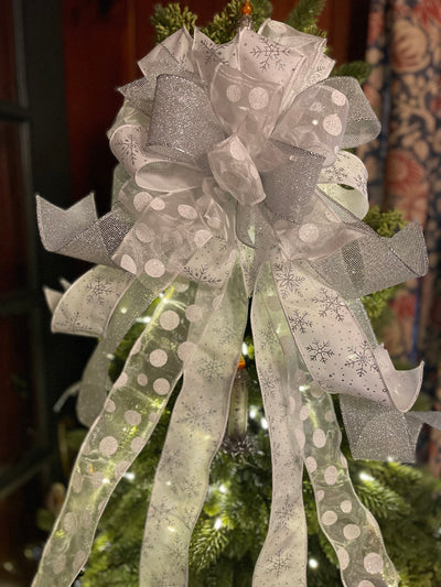 The Elsa Silver & White Christmas Tree Topper Bow, Tree trimming bow, snowflake tree bow, Ribbon topper, winter bow, Wreath bow