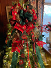 The Mae Red Green & Gold Christmas Tree Topper Bow, Christmas tree trimming bow, XL long streamer bow, Poinsettia and plaid Christmas bow