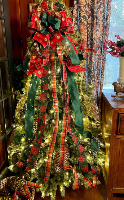 The Mae Red Green & Gold Christmas Tree Topper Bow, Christmas tree trimming bow, XL long streamer bow, Poinsettia and plaid Christmas bow
