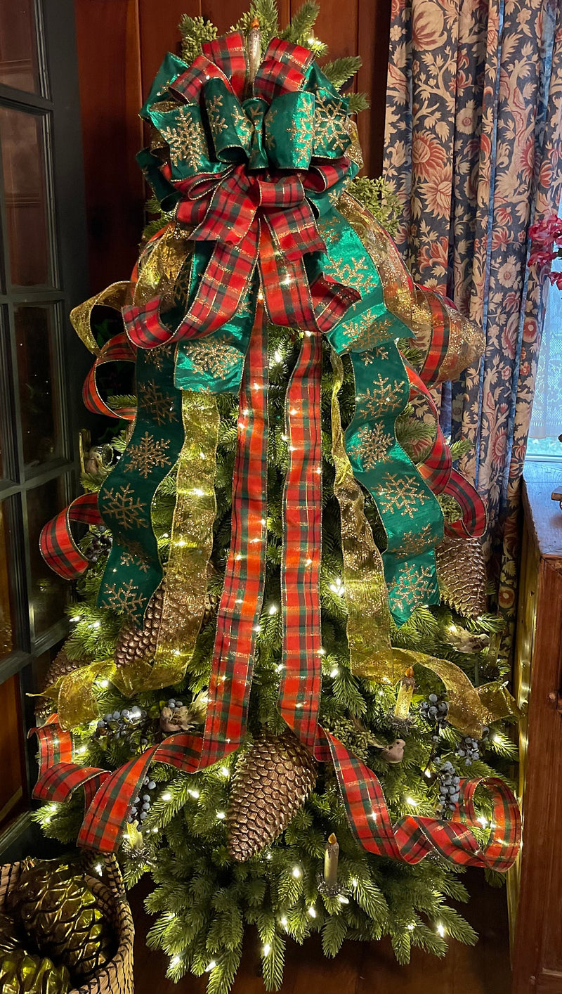 The Esther Red Green & Gold Christmas Tree Topper Bow, Christmas tree trimming bow, XL long streamer bow, Snowflake and plaid Christmas bow