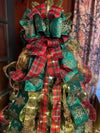 The Esther Red Green & Gold Christmas Tree Topper Bow, Christmas tree trimming bow, XL long streamer bow, Snowflake and plaid Christmas bow