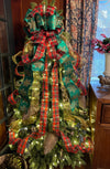 The Esther Red Green & Gold Christmas Tree Topper Bow, Christmas tree trimming bow, XL long streamer bow, Snowflake and plaid Christmas bow