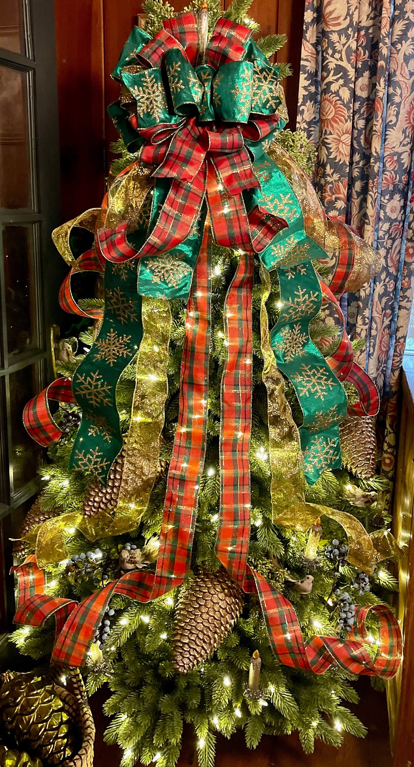 The Esther Red Green & Gold Christmas Tree Topper Bow, Christmas tree trimming bow, XL long streamer bow, Snowflake and plaid Christmas bow