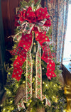 The Tamara Red Green & White Christmas Tree Topper Bow, Bow for Christmas tree, bow for wreaths, long streamer bow, cottage style bow