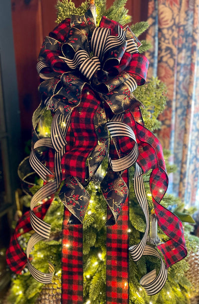 The Faye Buffalo Check Christmas Tree Topper Bow, Rustic Farmhouse Bow for wreaths, Red & Black modern farmhouse tree topper, tree trimming