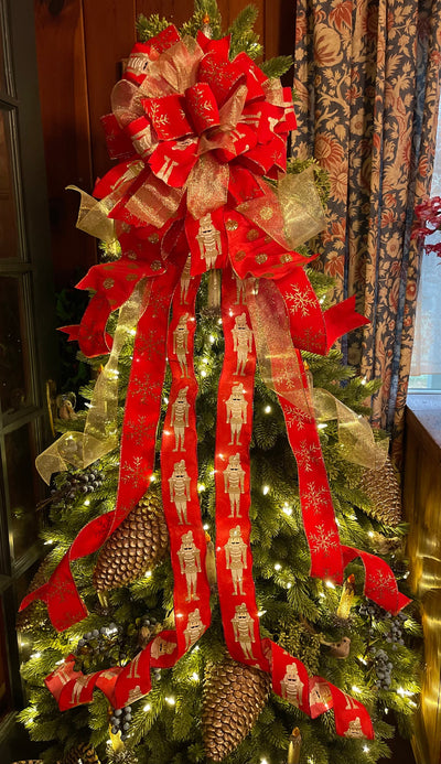 The Ludwig Red & Gold Christmas Tree Topper Bow, Tree trimming bow, Xmas bow, nutcracker Christmas bow, ribbon topper, XL bow