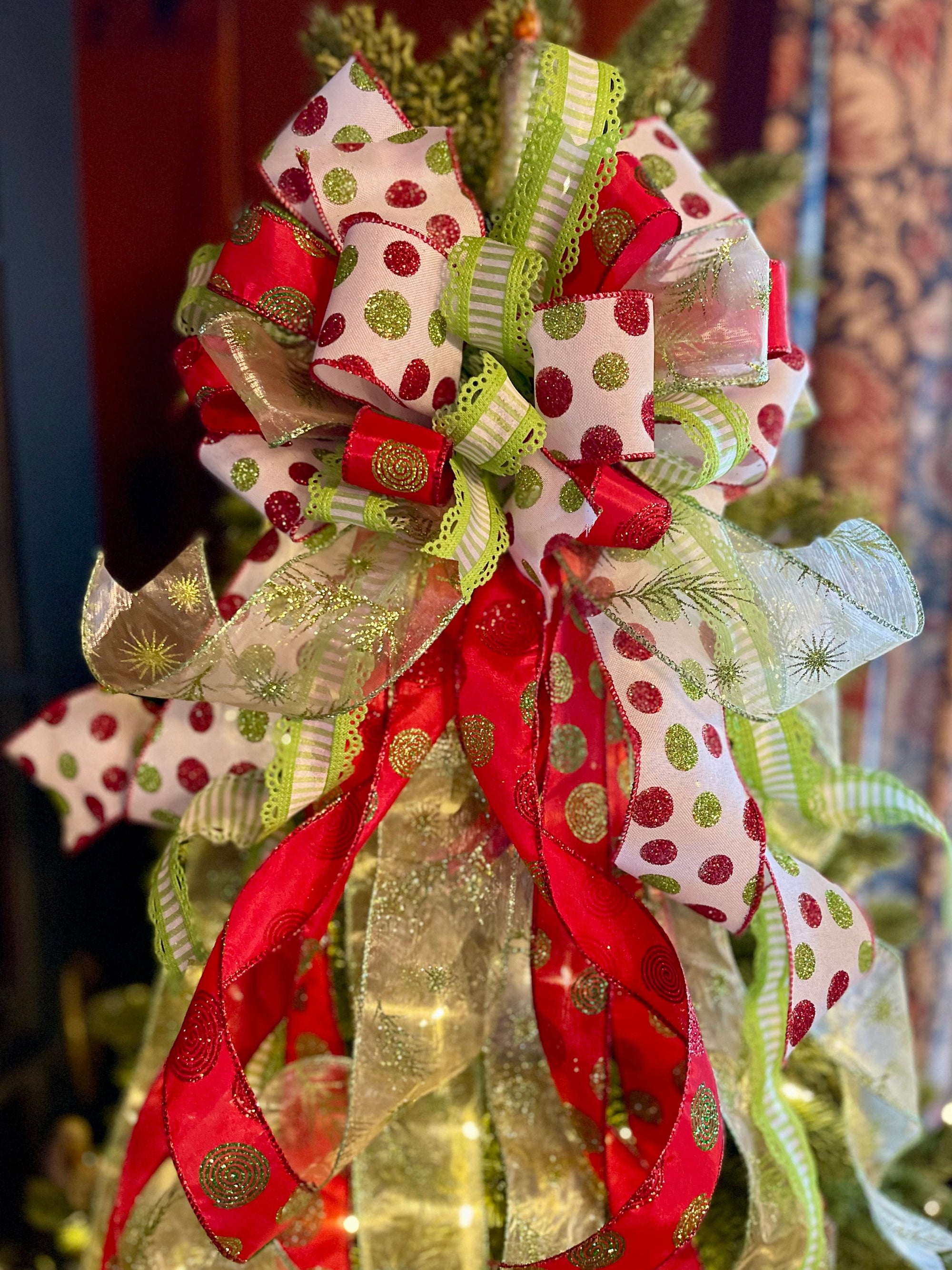 The Roxy Red & Lime Green Whimsical Christmas Tree Topper Bow - Crested  Perch