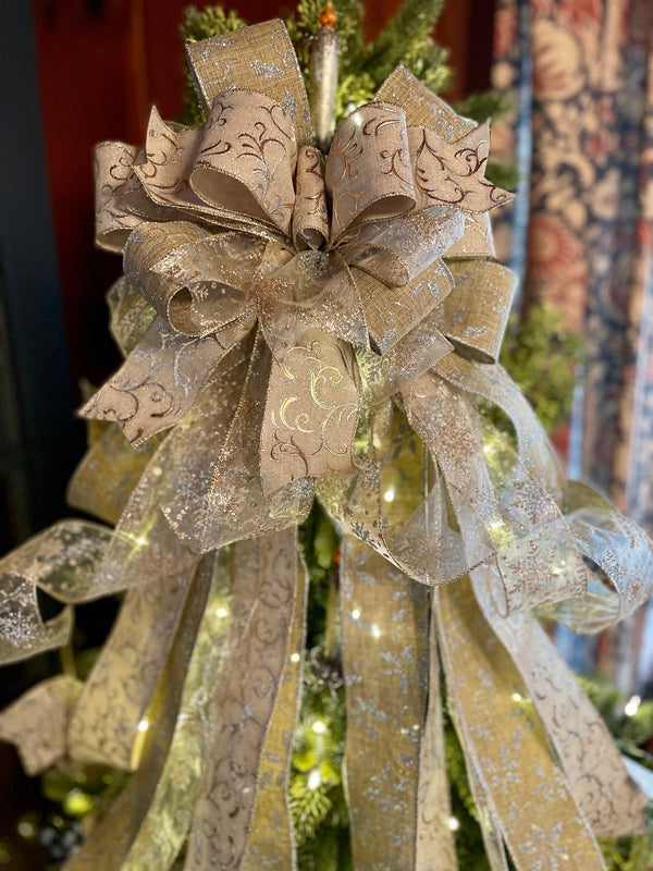 The Solange Gold & Silver Christmas Tree Topper bow Crested Perch