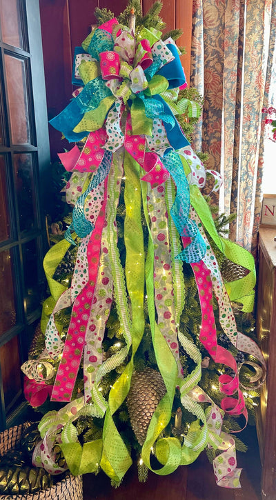 The Lourdes Hot Pink & Lime Green Christmas Tree Topper Bow, XL tree topper, colorful tree top, tree trimming bow, turquoise christmas bow