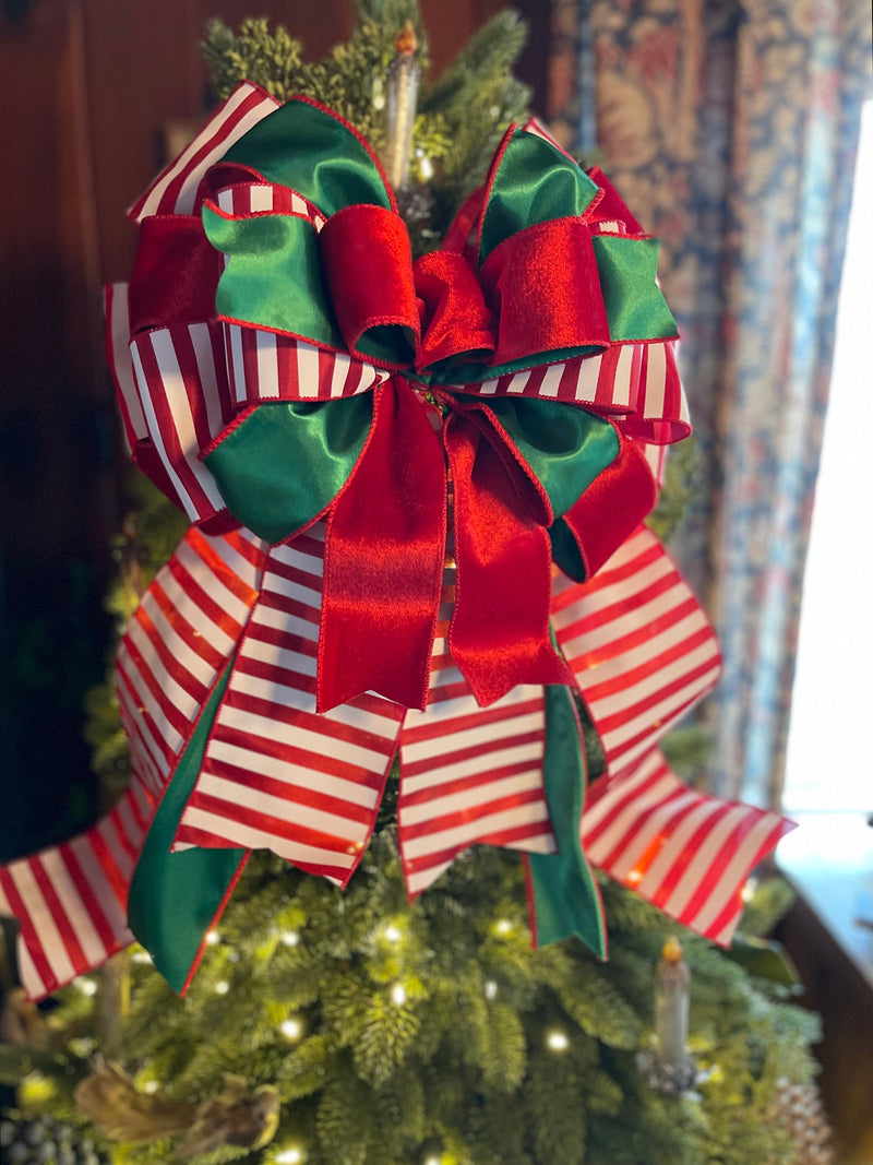 The Kringle Red & Green Christmas Tree Topper Bow, Santa Claus bow, bow for wreath, luxury ribbon bow, bow for tree, christmas bows