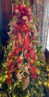 The Crispin Red & Green Christmas Tree Topper Bow, tree trimming bow, bow for wreath, long streamer bow, farmhouse red truck Christmas bow