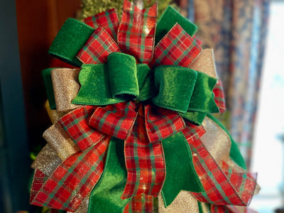 The Miriam Red Green & Gold Christmas Tree Topper Bow, Bow topper for christmas tree, Plaid bow, tree trimming bow, velvet bow for tree