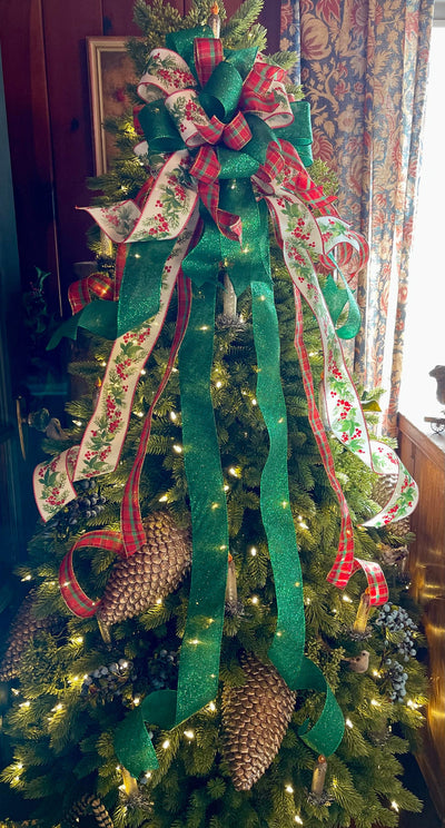 The Caroline Red Green & White Christmas Tree Topper Bow, bow for christmas tree, Christmas tree bow, modern farmhouse Christmas tree topper