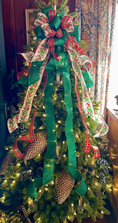 The Caroline Red Green & White Christmas Tree Topper Bow, bow for christmas tree, Christmas tree bow, modern farmhouse Christmas tree topper