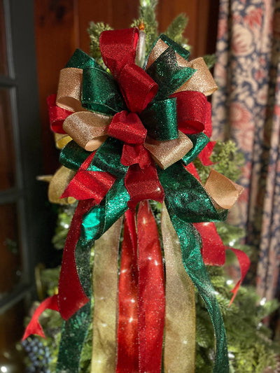 The Sophia Red Green & Gold Christmas Tree Topper Bow, Bow topper for christmas tree, Xmas bow, ribbon tree topper, tree trimming bow