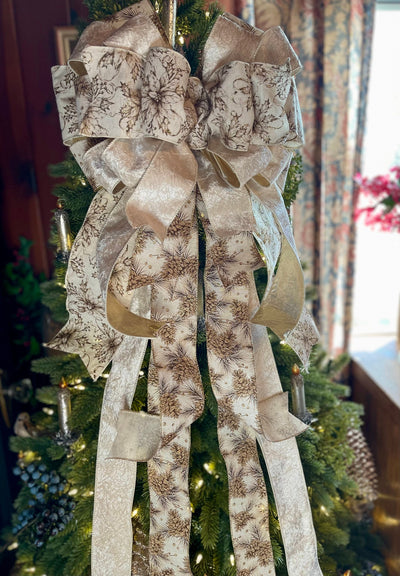 The Presley Cream & Gold Poinsettia Christmas Tree Topper Bow, luxury ribbon topper, XL bow topper for christmas tree