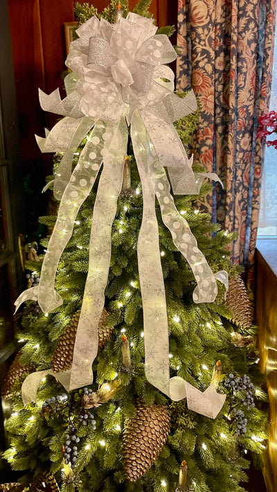 The Elsa Silver & White Christmas Tree Topper Bow, Tree trimming bow, snowflake tree bow, Ribbon topper, winter bow, Wreath bow
