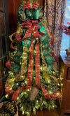 The Esther Red Green & Gold Christmas Tree Topper Bow, Christmas tree trimming bow, XL long streamer bow, Snowflake and plaid Christmas bow