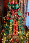 The Esther Red Green & Gold Christmas Tree Topper Bow, Christmas tree trimming bow, XL long streamer bow, Snowflake and plaid Christmas bow