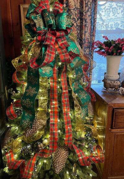 The Esther Red Green & Gold Christmas Tree Topper Bow, Christmas tree trimming bow, XL long streamer bow, Snowflake and plaid Christmas bow