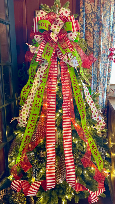 The Martha Mae Red & Lime Green Whimsical Christmas Tree Topper Bow, bow for wreath, long streamer bow, Grinch bow, tree trimming
