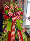 The Augustus Red & Lime Green Whimsical Christmas Tree Topper Bow, bow for wreath, long streamer bow, Grinch bow, tree trimming
