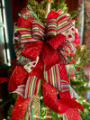 The Sierra Red Green & White Christmas Tree Topper Bow, red and green glitter bow, bow for wreaths, long streamer bow, christmas decorations