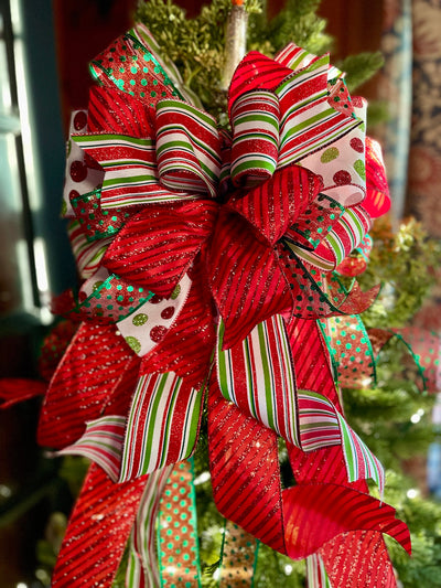 The Sierra Red Green & White Christmas Tree Topper Bow, red and green glitter bow, bow for wreaths, long streamer bow, christmas decorations