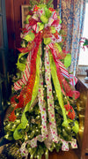 The Missy Red & Lime Green Christmas Tree Topper Bow, XL Tree bow, pink and green whimsical bow, Grinch bow, tree trimming bow