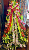 The Missy Red & Lime Green Christmas Tree Topper Bow, XL Tree bow, pink and green whimsical bow, Grinch bow, tree trimming bow